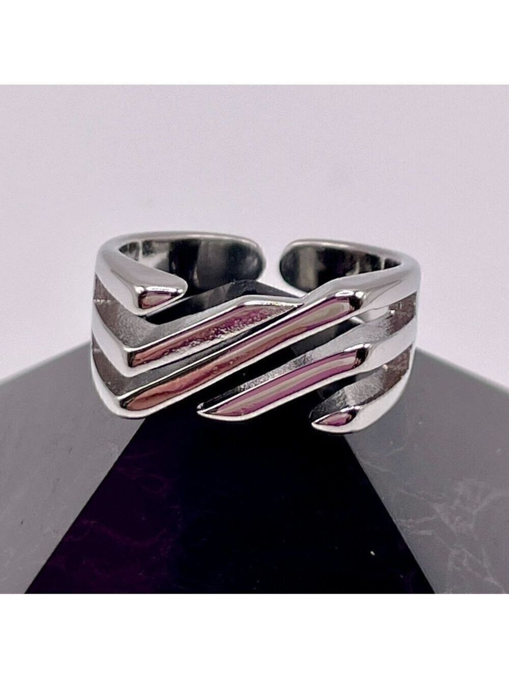 Silver Tone Wrapped Square Front Diagonal Layered Adjustable Boho Ring #1301